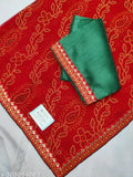 Ranisatiya Marwari Rajasthani Bandhani Saree with Heavy Mono Banglori Silk Blouse. Georgette fabric, rich zari weaving, contrast heavy border, easy to wash, party-ready ethnic wear. Indian handloom for traditional and festive occasions. Free size, 5.5 m saree length, 0.8 m blouse length. India origin