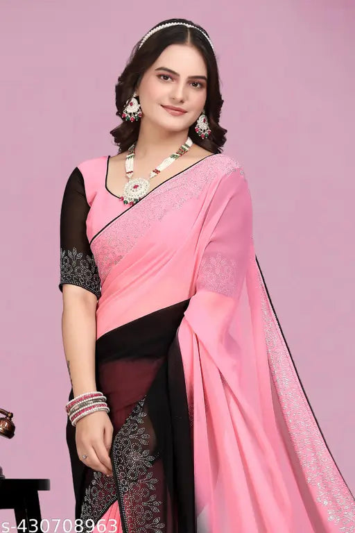 Black Georgette saree with diamond work, perfect for stylish party wear. Zari woven blouse included." (124 characters)
