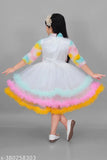 Multicolor net printed girls' festive/wedding dress by Jhilik Garments, three-quarter sleeve length, suitable for 1-2 years to 8-9 years