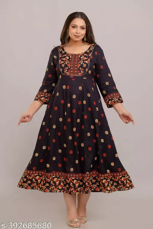 Yellow rayon plus-size formal gown, three-quarter sleeves, printed combo on ankle length, India origin