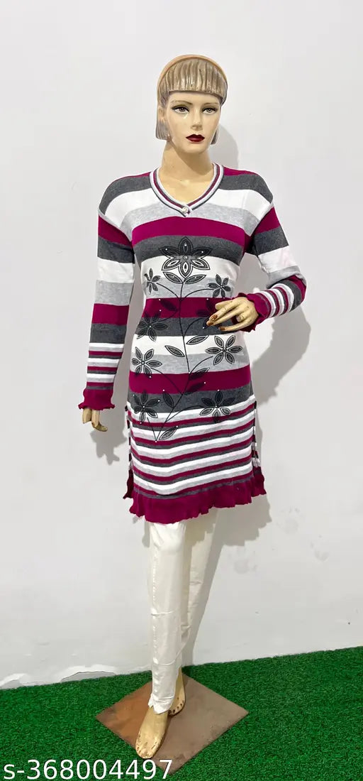 Purple woolen kurti for women, three-quarter sleeves, printed combo. Warm winter elegance in black and white flower design
