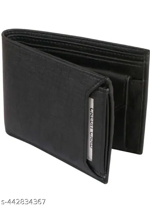 Black faux leather men's casual card holder wallet, textured pattern, 2 compartments, free size (L:4cm, W:5cm), India origin