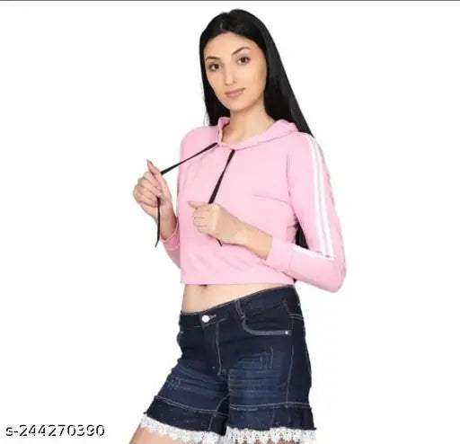 Trendy pink cotton-blend women's crop hoodie with long sleeves, casual and comfortable for everyday wear