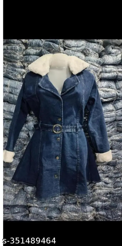 Stylish kids denim coat with belt in soft fur, solid pattern for girls (10-16 years), India origin