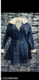 Stylish kids denim coat with belt in soft fur, solid pattern for girls (10-16 years), India origin