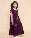 Cotton silk anarkali kurta plazzo set with embroidered sleeves, dupatta included. Indian girls fashion for all seasons (age range provided)