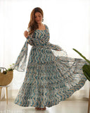 Light blue and light yellow pure soft viscose straight fit anarkali kurta with dupatta set, featuring heavy zigzag print, padded full churidar sleeves, side zipper, three-layer gathering bottom canvas patta, and flared gown. Includes a 28-inch shawl style dupatta and matching pent." (115 characters)