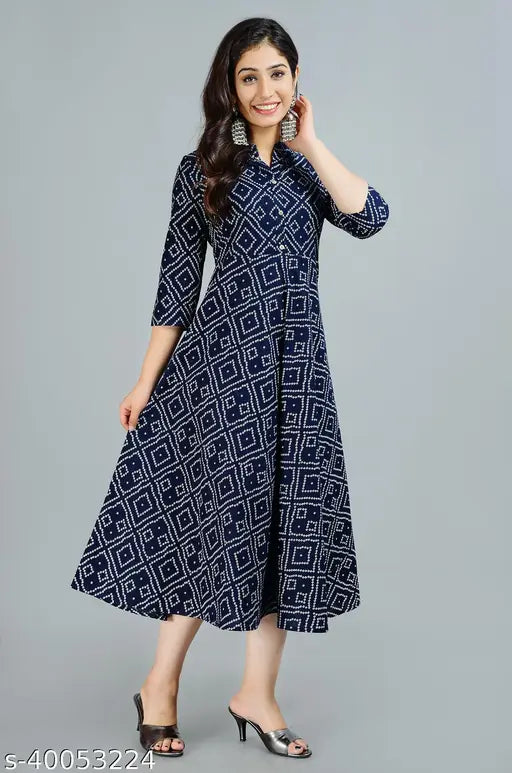 Demirner blue bandhani print cotton anarkali kurta - comfortable, festive wear, Indian cotton blend