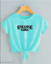 Sea Green Lycra crop top with STRANGE GRIL print, short sleeves, round neck design. Perfect casual summerwear for women