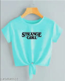 Sea Green Lycra crop top with STRANGE GRIL print, short sleeves, round neck design. Perfect casual summerwear for women