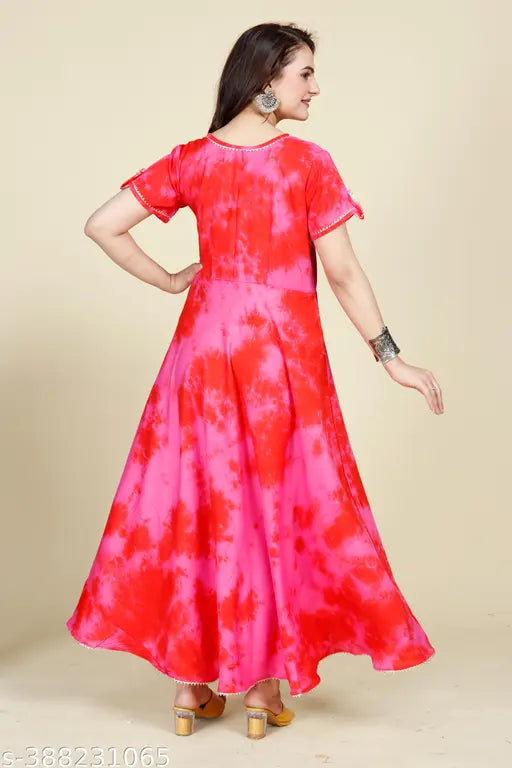 Pink tie-dye rayon short sleeve gown with lace work, multiple sizes available