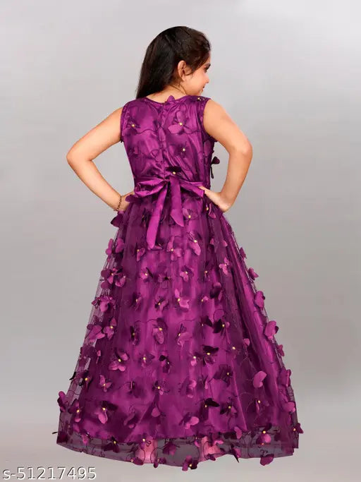 Purple net frock dress for girls aged 2-12, embroidered butterfly design, sleeveless gown with attached inner, made in India