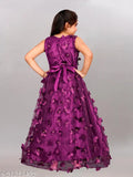 Purple net frock dress for girls aged 2-12, embroidered butterfly design, sleeveless gown with attached inner, made in India