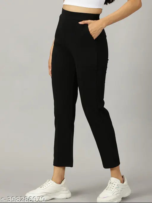 Skinny Fit Black Trousers Polyester, Solid Pattern, Ankle Length