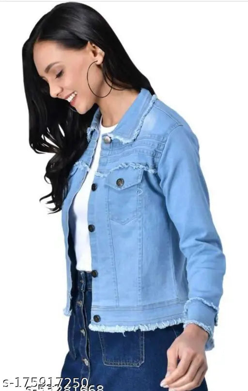 Blue denim long-sleeved teen patti jacket for women by Inssha, solid pattern, size S (34in bust, 21in length)