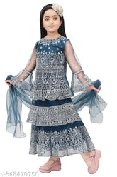 Exquisite net embroidery long-length lehenga party wear for girls, available in various colors and sizes (4-5 Years - 10-11 Years). Net blouse with dupatta included, elegant and intricately designed, made in India