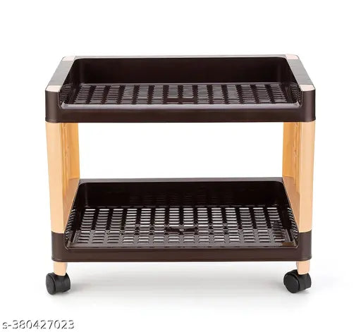 Brown and cream plastic 2-layer multipurpose storage organizer for kitchen and office, with wheels - ideal for small spaces