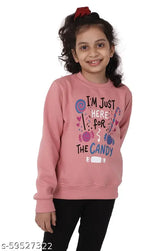 Peach cotton blend sweatshirt with candy printed full sleeves, comfortable and relaxed unisex fit for kids aged 6-10 years, made in India