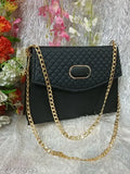 Stylish quilted PU handbag with golden chain strap, free size. Indian-made sling bag for women's casual wear, features 2 compartments and detachable shoulder strap. Lightweight design suitable for daily use and various outfits