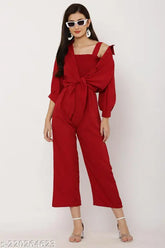 Red crepe fabric 3/4 sleeve jumpsuit by KGN Fashion - stylish women's fashion for parties or casual wear