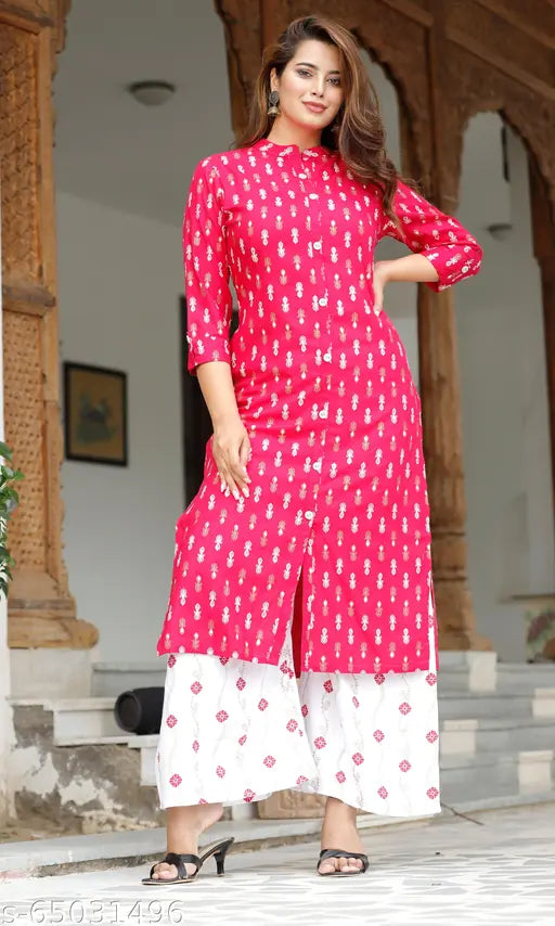 Printed rayon kurta and palazzo set, vibrant Indian woman's fashion with side pocket