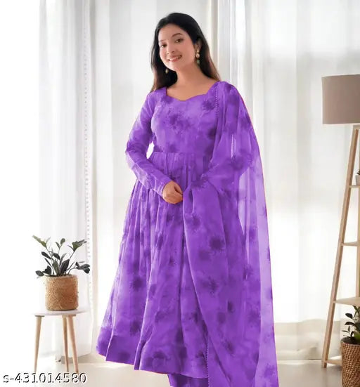 Purple floral print Georgette kurti dupatta set for women, three-quarter sleeves, Indian origin