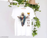 On-trend God Jesus printed polyester t-shirt with short sleeves, featuring the quote "Jesus King Jesus I Love Jesus Seved My Life