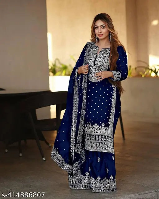 Heavy embroidery Georgette Top-Gharara and dupatta set, ready to wear collection with long sleeves, embellished Indian clothing on display