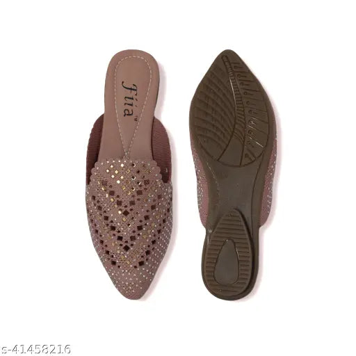 Pink synthetic ballerinas with Swarovski beads and solid stylish pattern, lightweight sole for comfort. Durable upper material from India