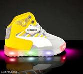 Yellow/grey synthetic leather unisex sneakers for kids (0-10 years), embellished net design, LED lights, breathable, comfortable, durable, ideal for casual wear and winter sports, fastening with Velcro, made in India