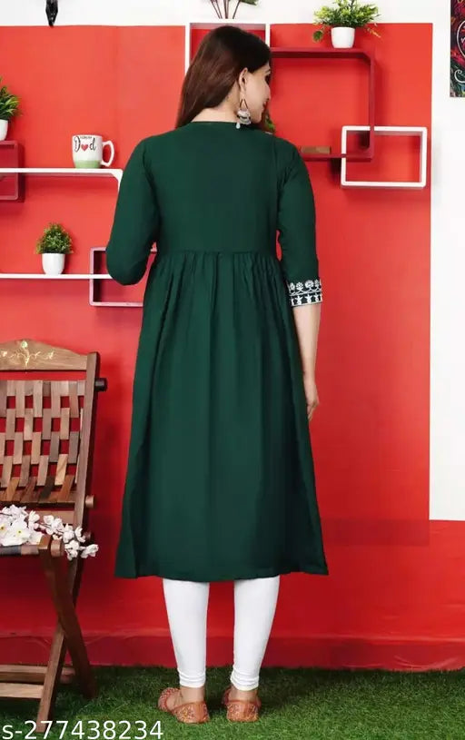 Rayon embroidered Anakali kurti, single solid color, three-quarter sleeves. Indian rayon kurti for S-XXL sizes, soft and lightweight