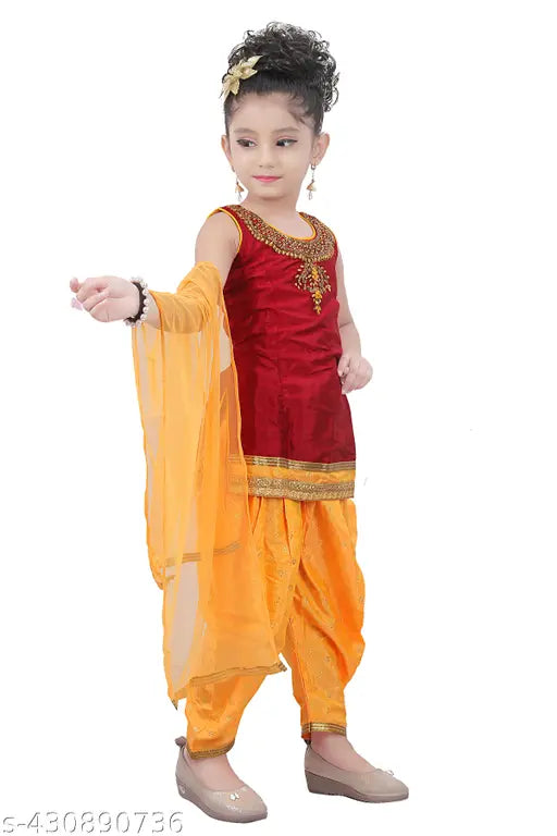 Cotton silk fancy kurta set for girls, self-designed pattern, suitable for all seasons. Variety of sizes available: 2-3Y (16in), 3-4Y (18in), 4-5Y (19in), 5-6Y (21in), 6-7Y (23in), 7-8Y (25in), 9-10Y (26in), 10-11Y (28in), 11-12Y (30in). Origin: India