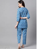 Blue pure cotton printed nightsuit with keyhole neck and three-quarter sleeves, viscose rayon fabric