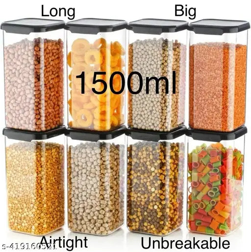 Unbreakable airtight plastic kitchen jars set, 1500ml x 8, ideal for food storage and meal prep