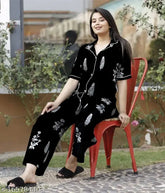 Black printed rayon/cotton night suit for women and girls - premium quality, comfy, cozy, Indian-made sleepwear for all seasons
