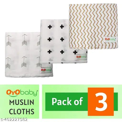 White pack of 3 OYO BABY Swaddle Wrap Muslin Cloths - organic cotton, breathable, ultra-soft, ideal for mild winter, multi-use (swaddle, washcloth, burp cloth, stroller cover, play mat, nursing cover) hand block printed in India with ecofriendly colors