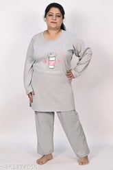 Printed cotton blend night suit with long sleeves for plus size women, full sleeve pyjama set on hanger