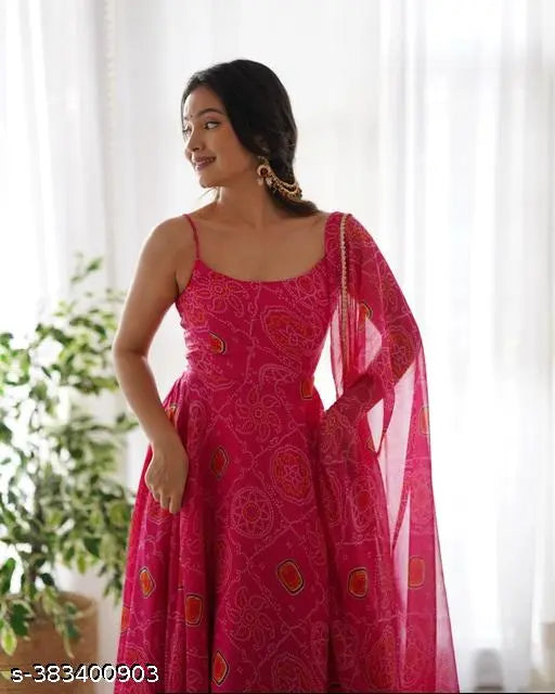 Indian Georgette Kangana Bandhani sleeveless gown with lace border duppatta, printed net pattern