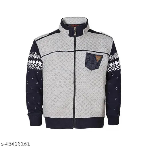 Grey & navy colorblocked cotton blend jacket with stand collar, two pockets, long sleeves, zip closure, and straight hem - children's size 5-6 years