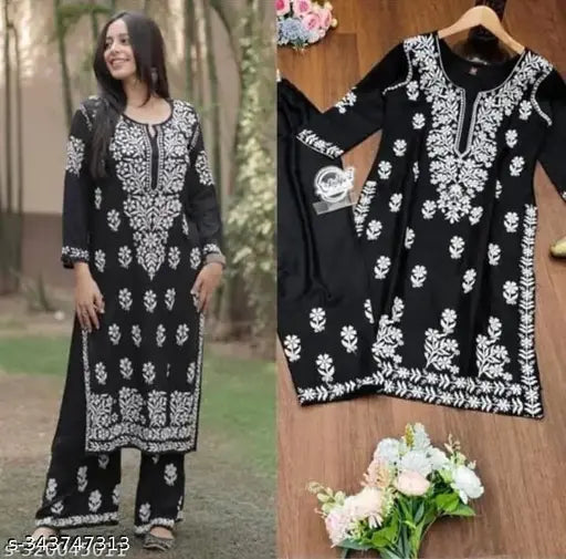 Rayon embroidered net Indian kurta set with palazzos, three-quarter sleeves, various sizes available
