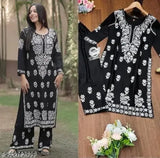 Rayon embroidered net Indian kurta set with palazzos, three-quarter sleeves, various sizes available