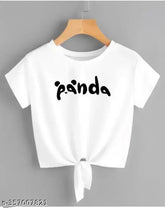Trendy white crop top, panda printed lycra with short sleeves, women's fashion accessory
