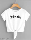 Trendy white crop top, panda printed lycra with short sleeves, women's fashion accessory