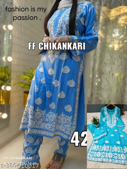 Rayon Chikankari Work Kurti with Plazzo - Embroidered net, three-quarter sleeves, Indian traditional wear for M (Bust 38in), L (Bust 40in), XL (Bust 42in/Shoulder 15in/Waist 38in/Length 44in), XXL (Bust 44in/Shoulder 16in/Waist 40in/Length 44in) - Indian handicraft