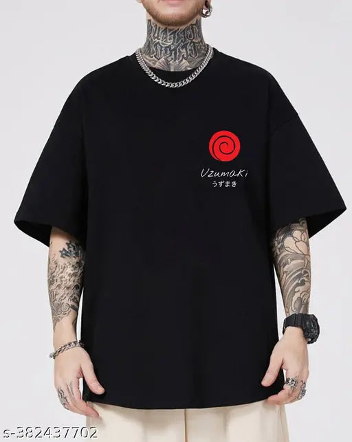 Black cotton blend oversized Naruto graphic printed men's T-shirt, perfect for casual or sportswear, XS-XXXL