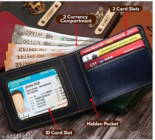 Tan faux leather wallet with Huk keychain, customizable for men's personalized gift. Solid tan wallet for everyday use
