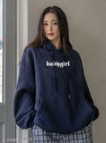 Navy cotton blend oversized hoodie with printed design, long sleeves, comfortable fit for women's fashion