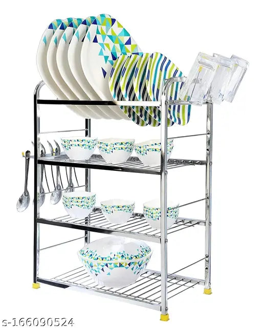 Stainless steel 4-shelf dish rack, kitchen utensils stand with plate & glass holders (24x18 inch)