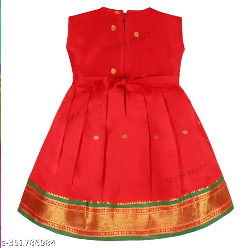 Vibrant red & green Chanderi silk embroidery frock dress for baby girls, Indian traditional clothing on display
