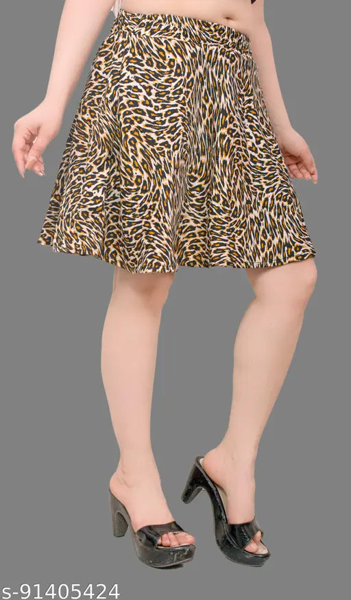 Printed polycrepe mini skirt - vibrant pattern, flattering skater style skirt for women, versatile wardrobe staple, available in sizes 28-34 (waist 28-34, length 19in), made in India